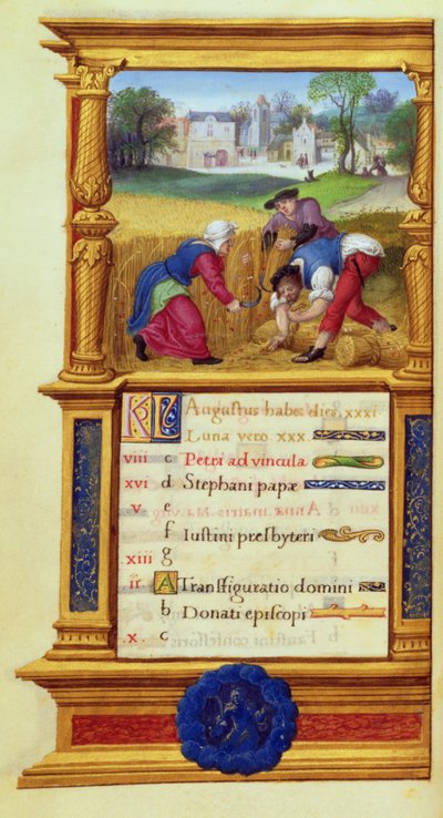 MS W.449 fol.9v Agosto Mietitura del Grano, c.1525 da Master Jean de Mauleon